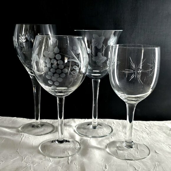 Mismatched Cordials Cocktail Glasses set/4 vtg mixed etched cut glassware party - Picture 8 of 10